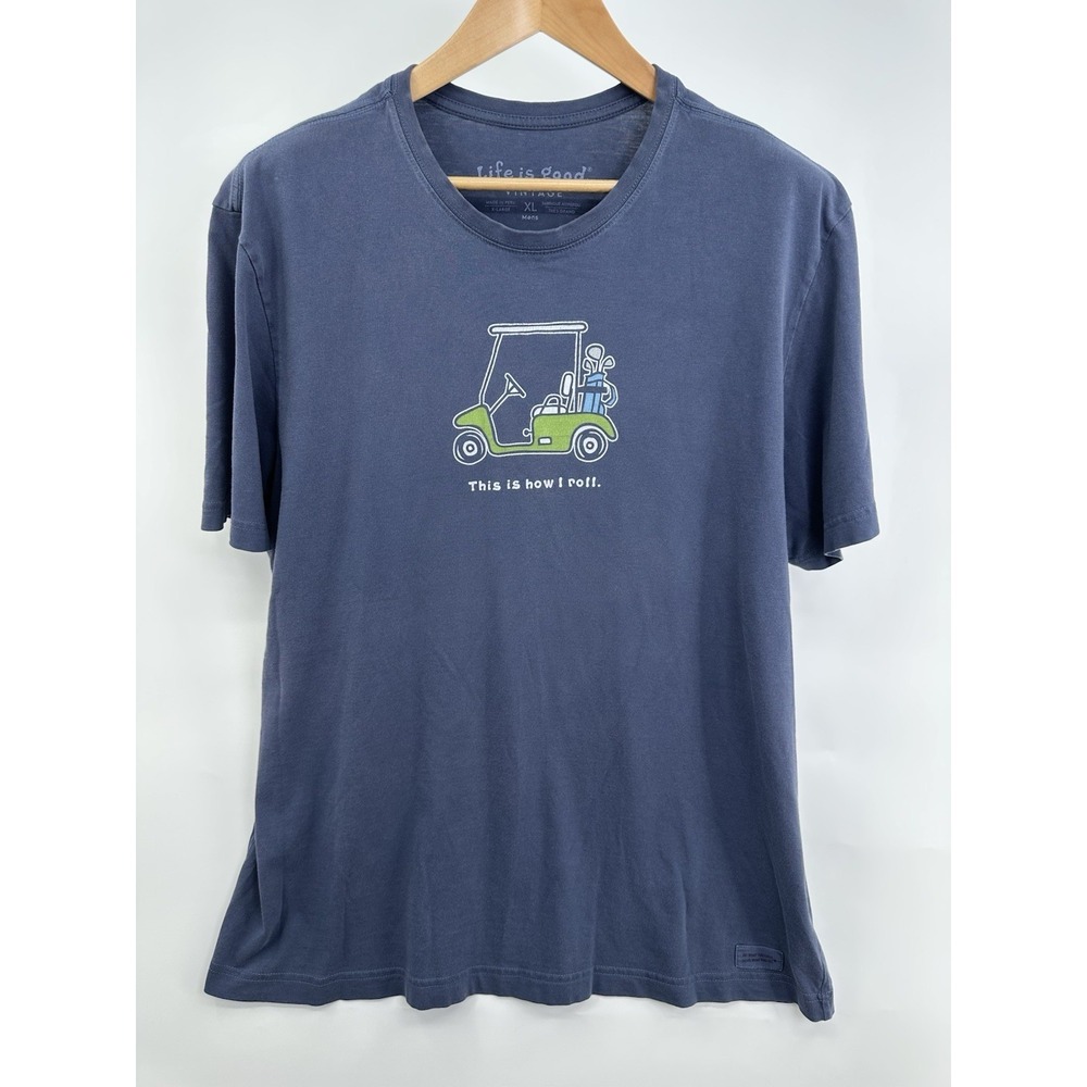 Life is Good This is How I Roll Golf Cart Shirt Men's XL Blue Short Sleeve
